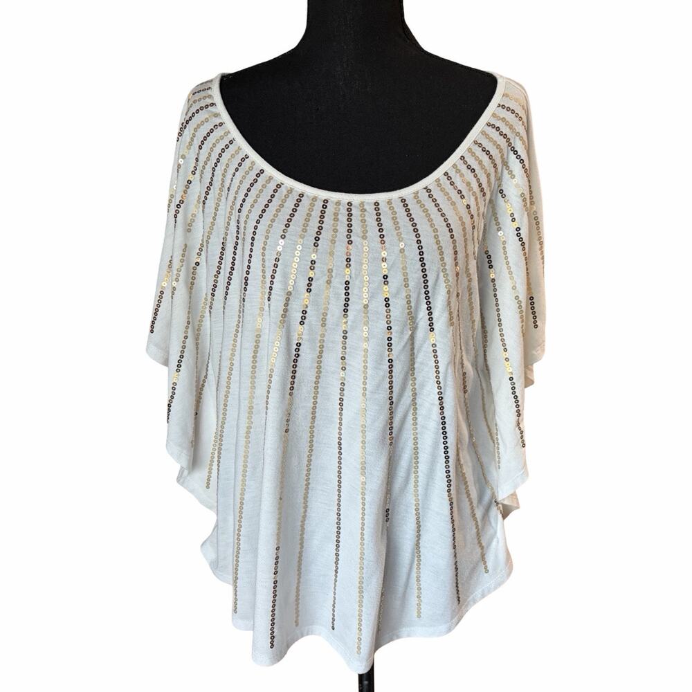 Y2K No Boundaries XXL White Gold Sequin Poncho Top Batwing Dolman Blouse 2X